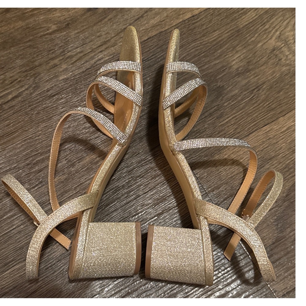 American Glamour Badgley Mischka Gold Glitter Rhinestone Block Heel Sandals 9.5 - Picture 7 of 13